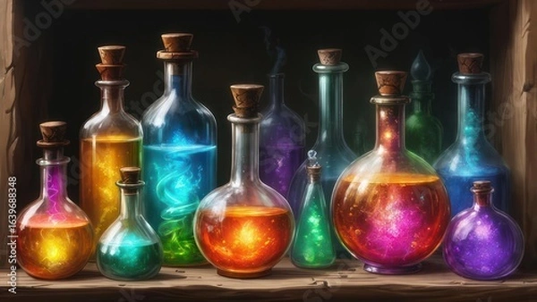Obraz Colorful potion bottles on a shelf