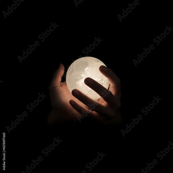 Fototapeta The Gift of the Night Sky: A perfect, glowing moon is offered from the shadows, a precious and intimate connection to the cosmic wonders above.