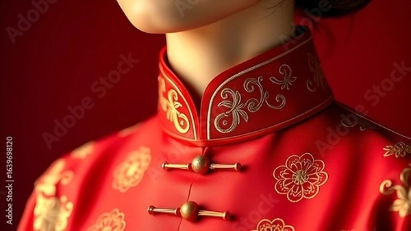Fototapeta Silk qipao collar embroidered with peony and star patterns, showcasing ceremonial elegance.