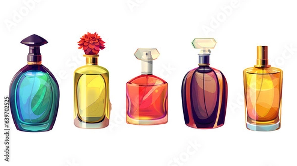 Obraz Elegant Bottles of Perfumes on Vibrant Color Background for Fashion and Beauty Concepts
