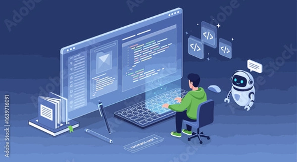 Fototapeta The creative software engineer and AI assistant coding on a desktop setup