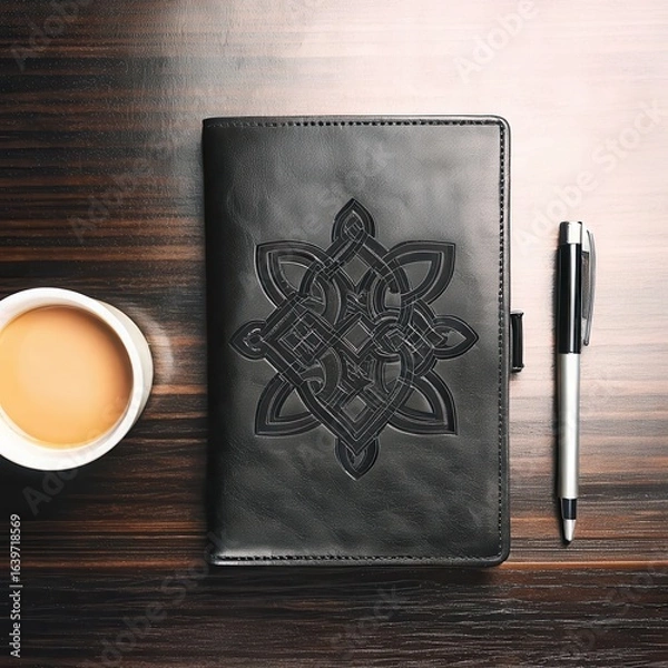 Obraz Dark leather journal with celtic knot design and coffee