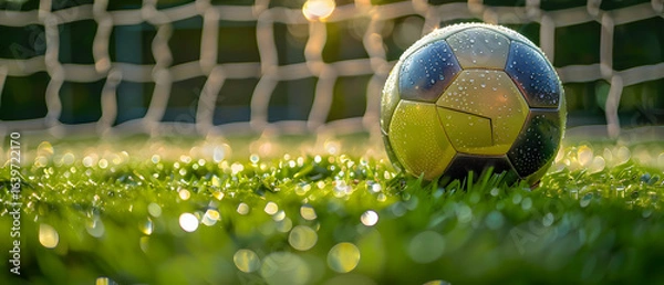 Fototapeta Official Match Ball on Pristine Grass Near Goal Net