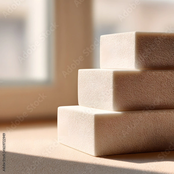 Fototapeta Yoga Blocks Stacked with Foam Texture Close-Up Minimalist Style
