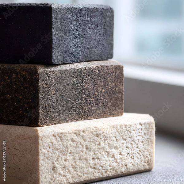 Fototapeta Stacked yoga blocks with foam texture – close-up minimalistic