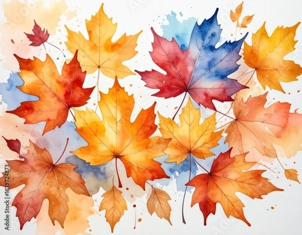 Fototapeta 白背景にカラフルな紅葉のシームレスパターンの水彩イラスト