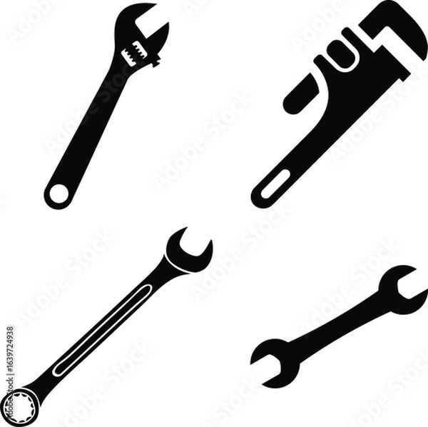 Fototapeta Four hand tools including pipe wrenches and open end wrenches on a white background