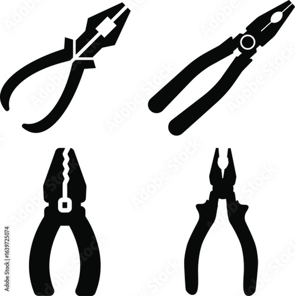 Fototapeta Set of four black silhouette pliers on a white background