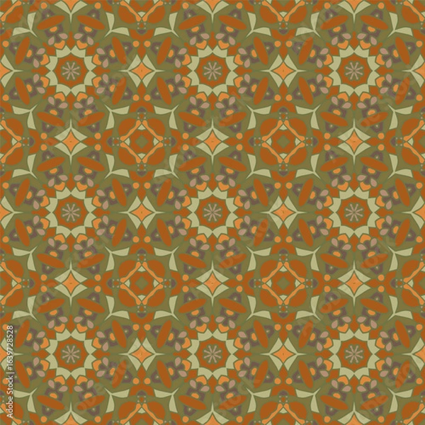 Fototapeta Creative trendy color abstract geometric mandala pattern in orange olive brown, vector seamless, can be used for printing onto fabric, interior, design, textile