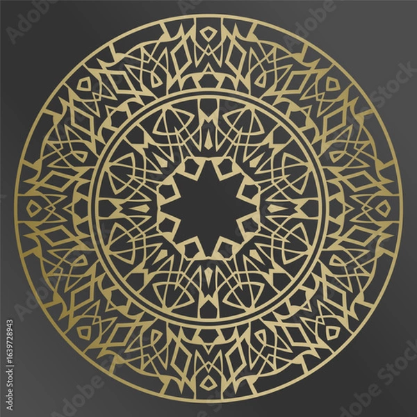 Fototapeta tray, a round geometric ornament in gold for tea or coffee porcelain plate,trays, dishes and souvenirs, can also be used as a background, invitation, greeting card