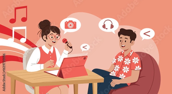Fototapeta Podcast interview illustration with digital icons and cheerful presenters