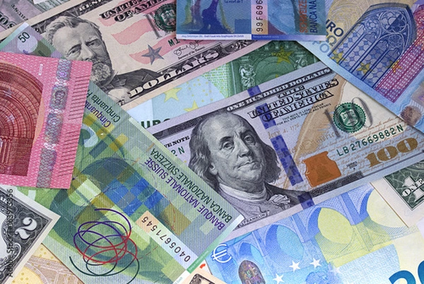 Obraz Abstract dollar euro and swiss franc background.