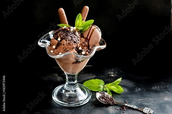 Fototapeta Chocolate ice cream in a cup on a black background