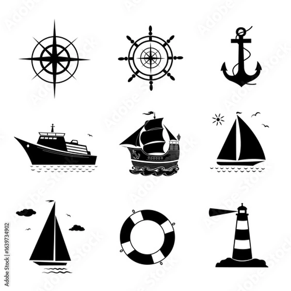 Fototapeta Marine theme is a collection of nautical icons and symbols vector silhouette graphic design elements