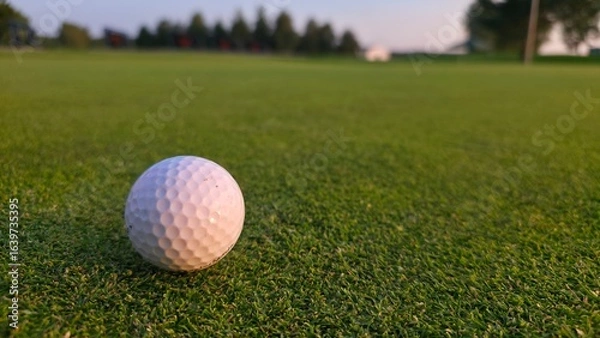Fototapeta golf ball on green grass. Close-up of a golf ball lying on the green grass of a golf course. Low-angle shot highlighting the texture of the turf and the details of the ball.