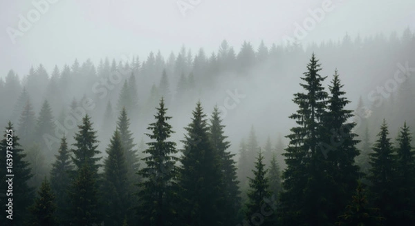 Fototapeta Misty coniferous forest with fog drifting between tall evergreen trees. Atmospheric woodland landscape with dense morning mist for nature meditation content