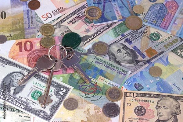 Fototapeta Keys cash and coins abstract money background.