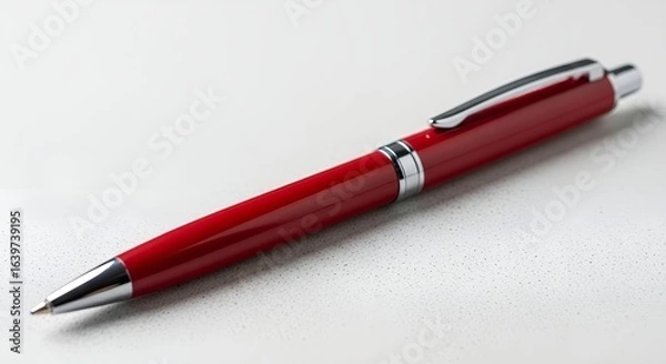 Fototapeta A red ballpoint pen with silver accents lies diagonally on a textured white surface, casting a soft shadow.