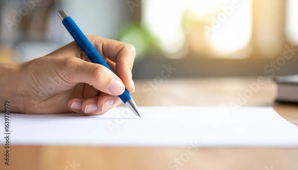 Fototapeta Close-up of a hand holding a pen and writing on a white sheet of paper in natural bright light. Perfect for concepts of education, business, creativity, and communication.