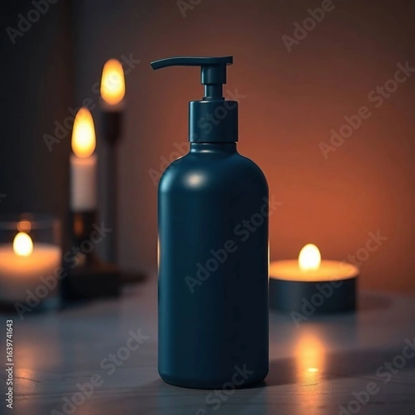 Fototapeta Dark bottle with candles, and spa ambiance.