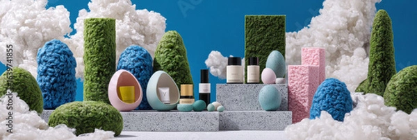 Fototapeta Surreal landscape with colorful textured egg shapes and geometric blocks surrounded by fluffy white clouds under clear blue sky