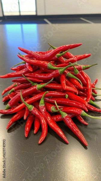 Fototapeta Red chili pepper pile on black surface with natural light reflection creating vibrant and fresh appearance