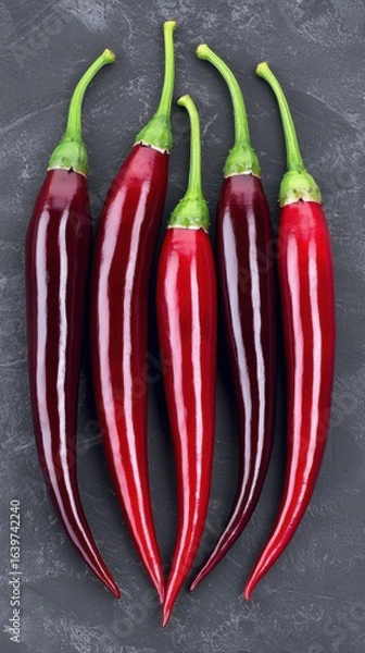 Fototapeta Red chili pepper with green stem on dark textured background, fresh spicy vegetable with glossy surface and vibrant color
