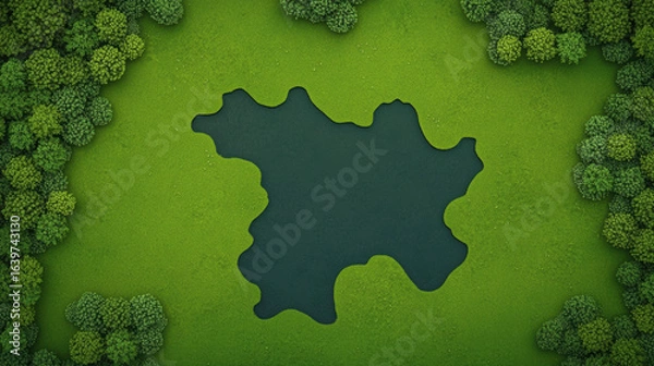 Fototapeta Green forest landscape with dark water lake in center surrounded by dense trees creating peaceful natural scene