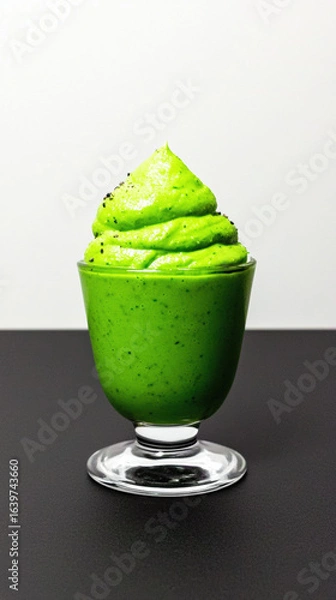 Fototapeta Green creamy avocado mousse dessert in clear glass on black surface with white background, fresh and smooth texture