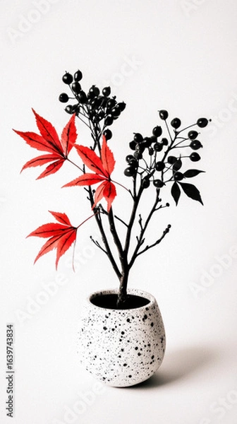 Fototapeta Red maple leaf branch with black berries in white speckled ceramic pot creates striking contrast and elegant minimalism