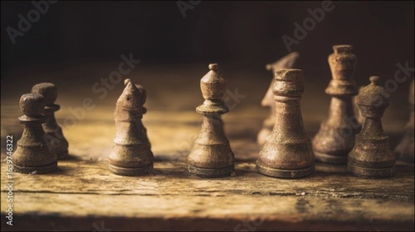 Obraz Chess pieces strategically placed on a weathered wooden table with warm vintage lighting.