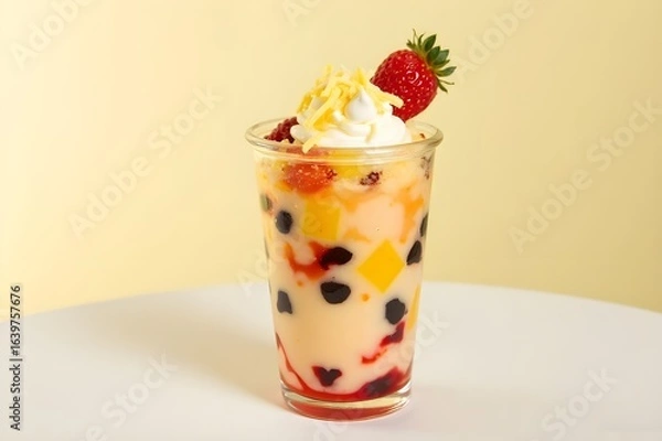 Obraz Colorful Indonesian dessert drink Es Teler Lemak with fruit, jelly, basil seeds, shaved ice, vanilla ice cream, shredded cheese, and strawberry topping, isolated on light yellow gradient background