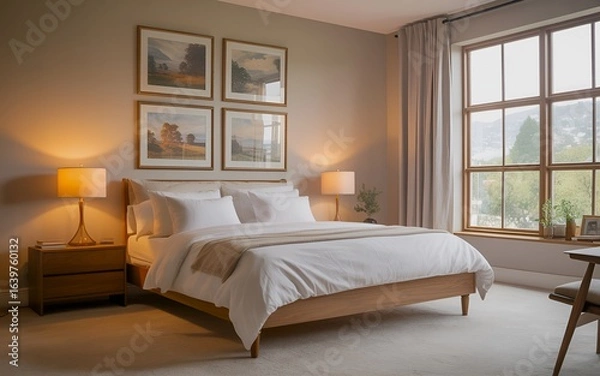 Fototapeta Bedroom interior with wooden bed frame white bedding and art above the bed near the window view