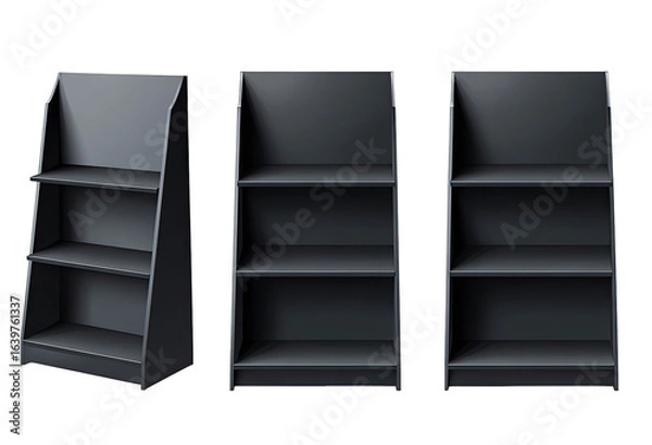 Fototapeta Three dark gray, three-tiered display shelves, angled, showcasing empty shelves