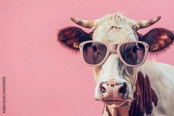 Fototapeta Funny cow with sunglasses in front of pink studio background, concept of Humor and Quirkiness