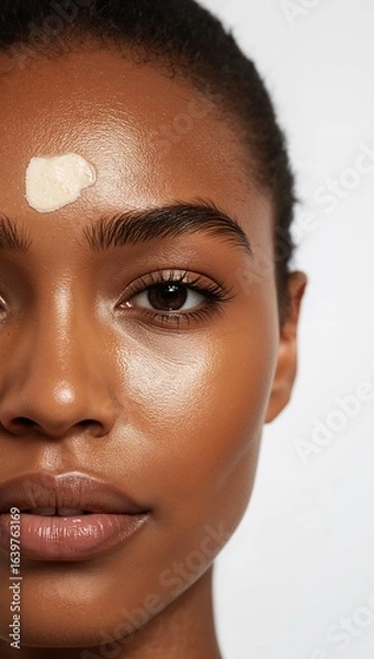 Fototapeta Close up of a brown skinned woman forehead with sunscreen applied on plain white background
