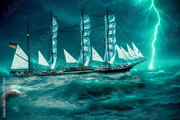 Obraz Tall sailing ship in stormy sea with lightning strike