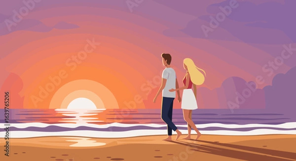 Fototapeta Couple walking on the beach at sunset romantic scene digital illustration coastal setting side view love and connection. Vector illustration