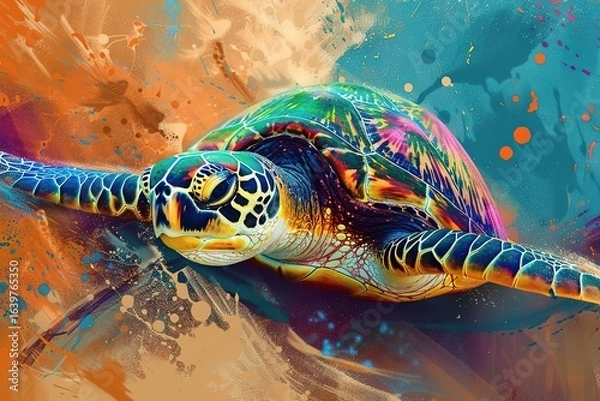 Fototapeta Painted animal with paint splash painting technique on colorful background turtle