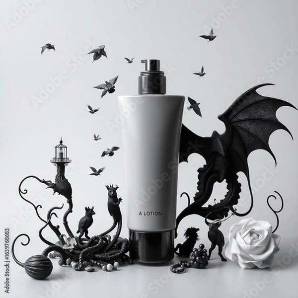 Fototapeta Luxury Dark Fantasy Inspired Cosmetic Lotion Bottle Packaging with Whimsical Creatures and Gothic Elements