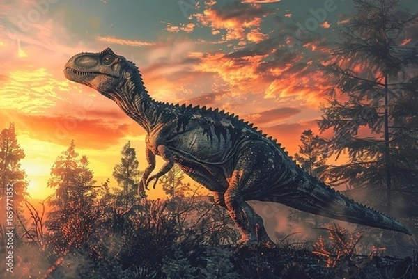 Fototapeta Prehistoric creature or dinosaur in the wild nature. Realistic style drawing.