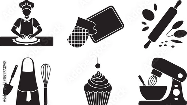 Fototapeta Culinary Delights A Black and White Vector Illustration of Baking and Cooking Equipment