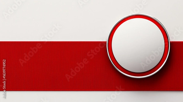 Fototapeta A blank silver round badge with a red border on a horizontal red textured ribbon against a white background with ample copy space. Concept of award, achievement, simple, modern.