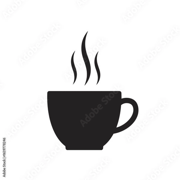 Obraz Hot drink cup icon. A simple black silhouette of a steaming coffee or tea mug. Isolated vector graphic design element for web and print.