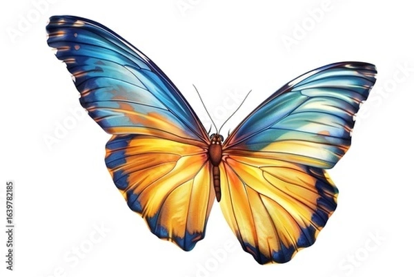 Fototapeta Very beautiful blue yellow orange butterfly in flight isolated on a transparent background.