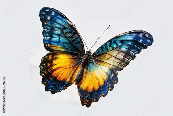 Fototapeta Very beautiful blue yellow orange butterfly in flight isolated on a transparent background.