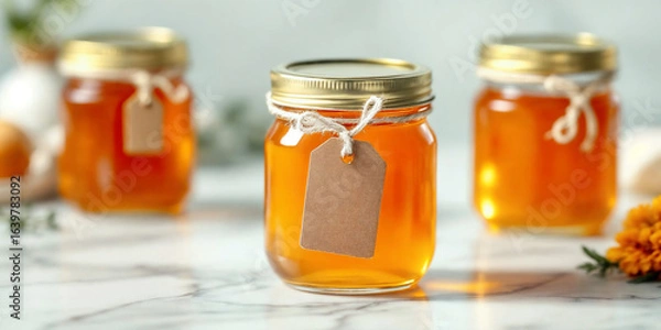 Obraz Row of Golden Honey Jars with Blank Tags and Twine Bows