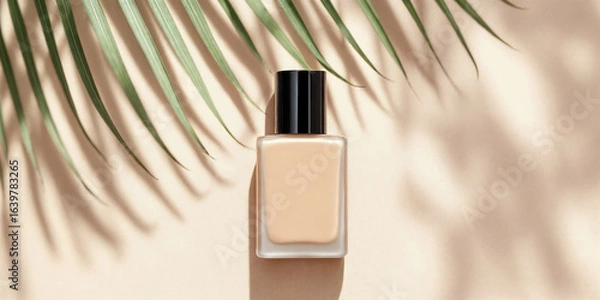 Obraz Cosmetic Foundation Bottle with Palm Leaf Shadow on a Neutral Background