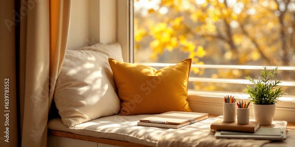Obraz Cozy Window Seat with Mustard Yellow Pillows and Blurred Autumn Leaves Outside