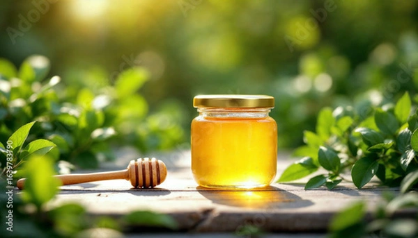 Obraz Golden Honey Jar with Wooden Dipper and Green Leaves in Sunlight